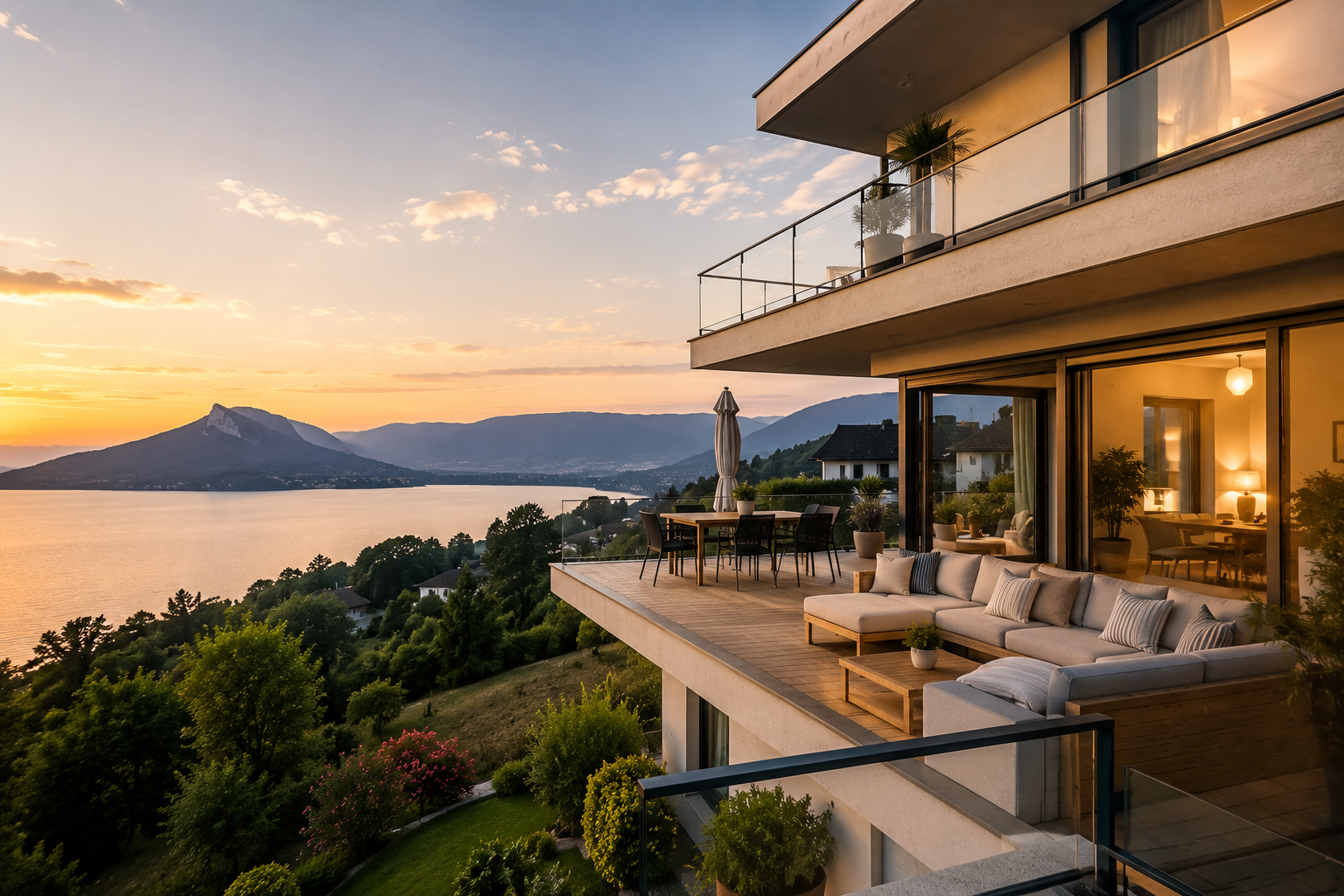 Terrasse de chalet avec vue sur le lac